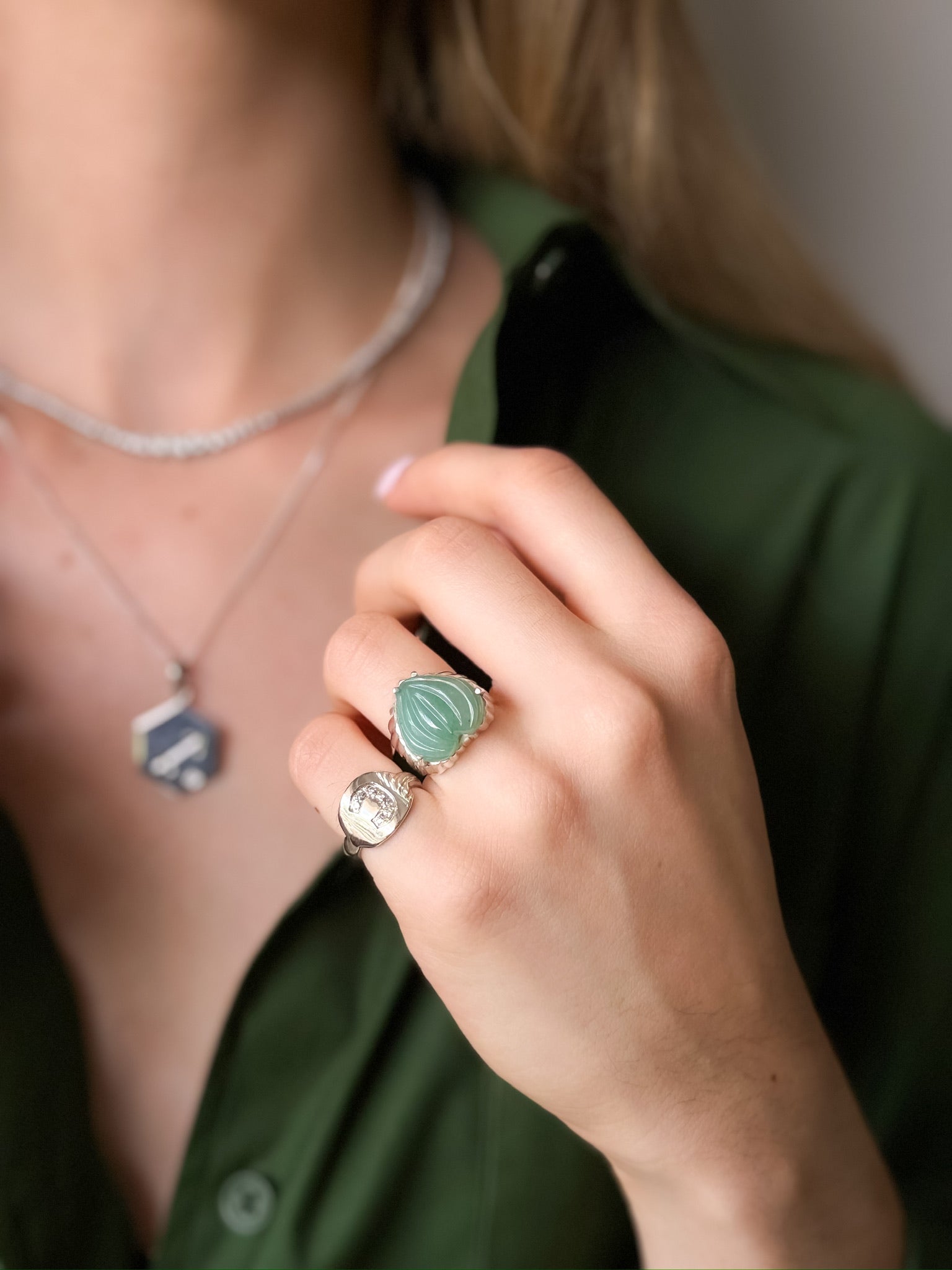 925 Gemstone Carved Heart Ring